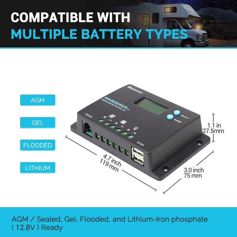 Renogy منظم شحن شمسي رينوجي 10A 12V/24V PWM بتصميم مدمج مع شاشة LCD لبطاريات الدورة العميقة المغلقة، الجل، والمغمورة، وندرر PG 10A، أسود - Image 4